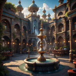 Quán cafe shisha nằm gần đài phun nước